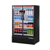 Commercial beverage refrigerator with glass doors showcasing drinks in a slim line visual design