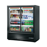 Commercial refrigerator with glass sliding doors showcasing beverages in a Slim Line Visual design